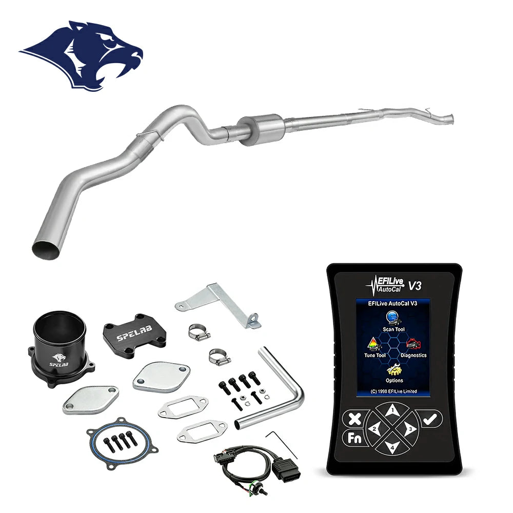 Bent DPF delete exhaust assembly with resonator canister, EFILive AutoCal V3 scan tool, OBDII cable and black EGR block-off hardware for 2007.5-2009 Dodge Ram 2500 3500 6.7L Cummins diesel