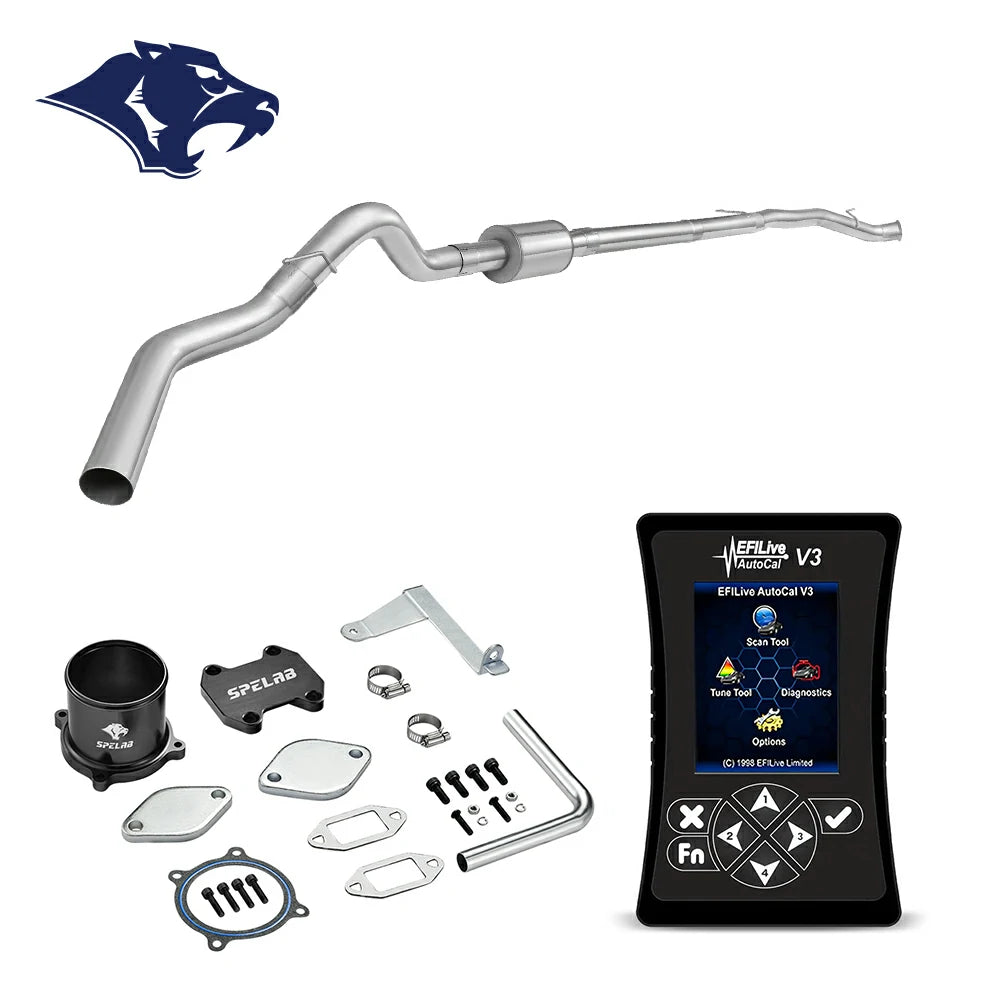 S-curved stainless DPF delete pipe with inline resonator and hanger brackets, EFILive AutoCal V3 and EGR spacer kit for 2007.5-2009 Dodge Ram 2500 3500 6.7L diesel