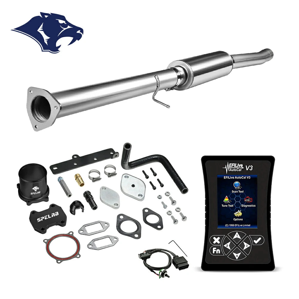 DPF delete pipe with triangular flange inlet and bulged section, billet aluminum coupler and rubber elbow hose, O2 sensor extension harness, EFI Live AutoCal V3 for 2013-2018 Dodge Ram 2500 3500 6.7L diesel