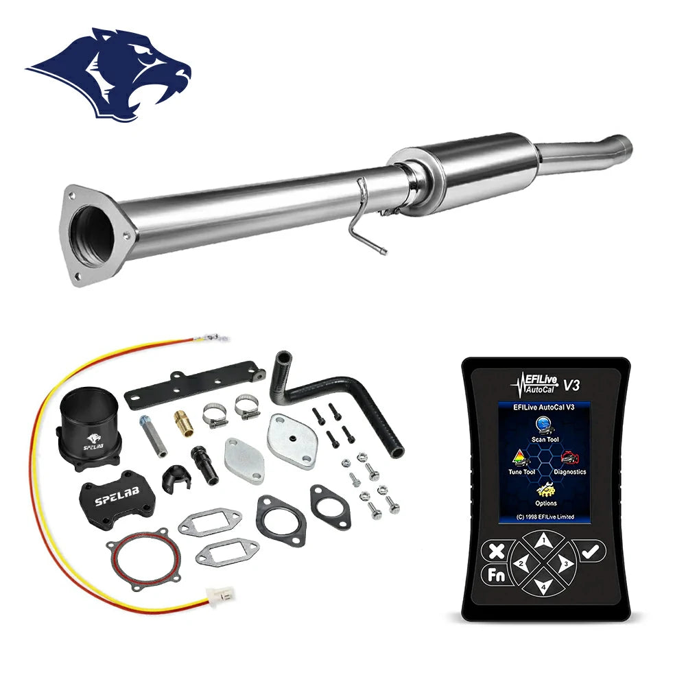 DPF delete pipe with triangular flange inlet and bulged section, billet aluminum coupler and rubber elbow hose, red and yellow pigtail wire, EFI Live AutoCal V3 for 2013-2018 Dodge Ram 2500 3500 6.7L diesel