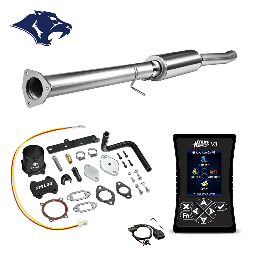 DPF delete pipe with triangular flange inlet and bulged section, billet aluminum coupler and rubber elbow hose, O2 harness and red-yellow pigtail wire, EFI Live AutoCal V3 for 2013-2018 Dodge Ram 2500 3500 6.7L diesel