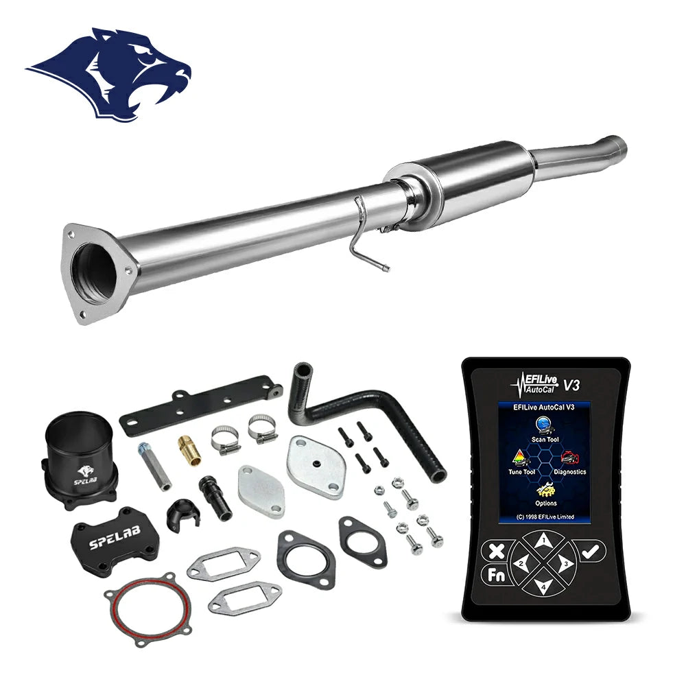 DPF delete pipe with triangular flange inlet and bulged section, billet aluminum coupler and rubber elbow hose, EFI Live AutoCal V3 for 2013-2018 Dodge Ram 2500 3500 6.7L diesel