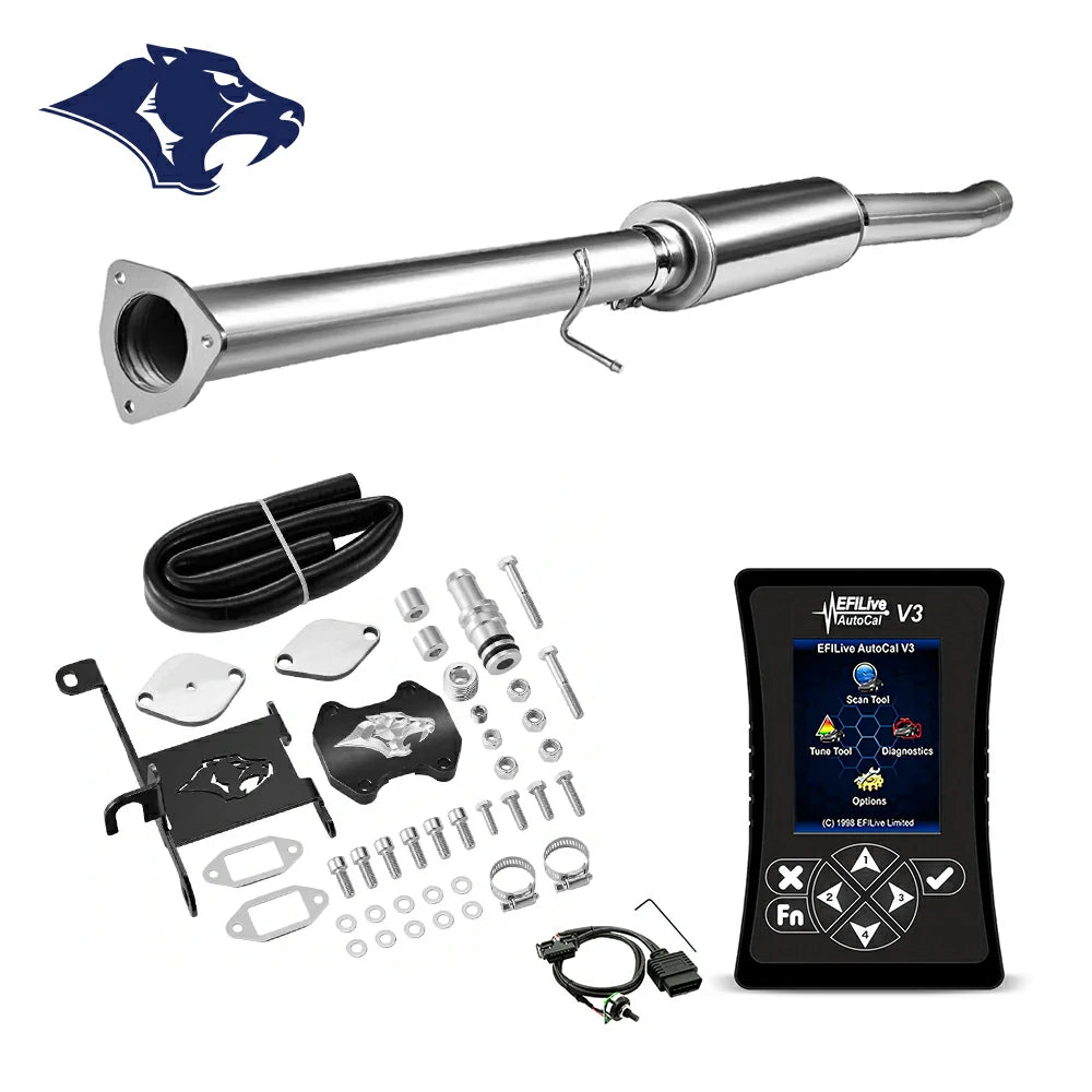 DPF delete pipe with triangular flange inlet and bulged section, billet EGR cap, ram-logo bracket and coiled hose, O2 sensor extension harness, EFI Live AutoCal V3 for 2013-2018 Dodge Ram 2500 3500 6.7L diesel