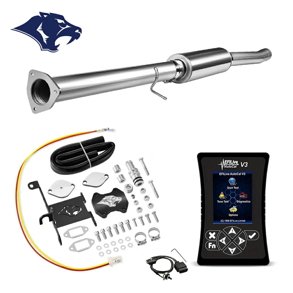 DPF delete pipe with triangular flange inlet and bulged section, billet EGR cap, bracket and coiled hose, O2 harness and red-yellow pigtail wire, EFI Live AutoCal V3 for 2013-2018 Dodge Ram 2500 3500 6.7L diesel