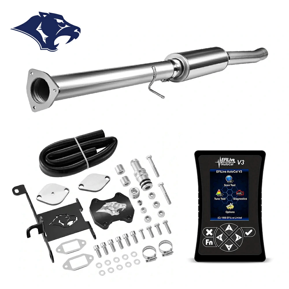 DPF delete pipe with triangular flange inlet and bulged section, billet EGR cap, ram-logo bracket and coiled hose, EFI Live AutoCal V3 for 2013-2018 Dodge Ram 2500 3500 6.7L diesel