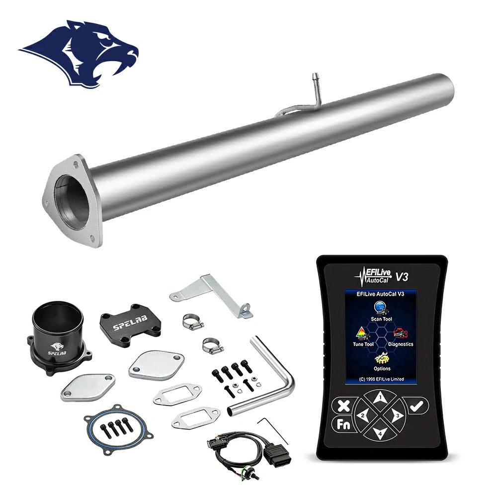 Three-bolt flanged DPF delete tube with exhaust sensor bung, EFILive AutoCal V3 handheld, EGR block-off plate and OBD cable for 2007.5-2009 Dodge Ram 2500 3500 6.7L Cummins diesel