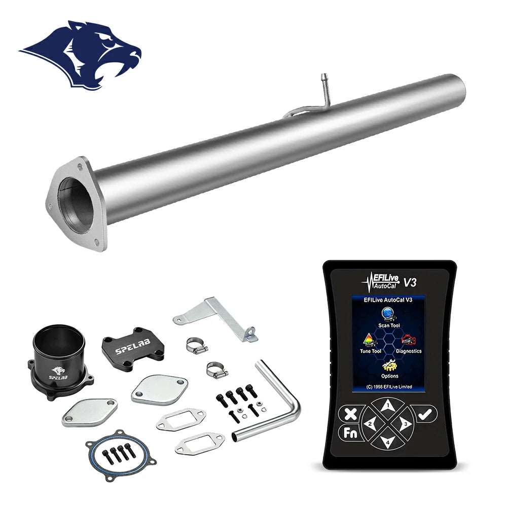 Stainless DPF delete pipe with triangular three-bolt inlet flange and sensor bung, EFILive AutoCal V3 and SPELAR EGR delete hardware for 2007.5-2009 Dodge Ram 2500 3500 6.7L diesel
