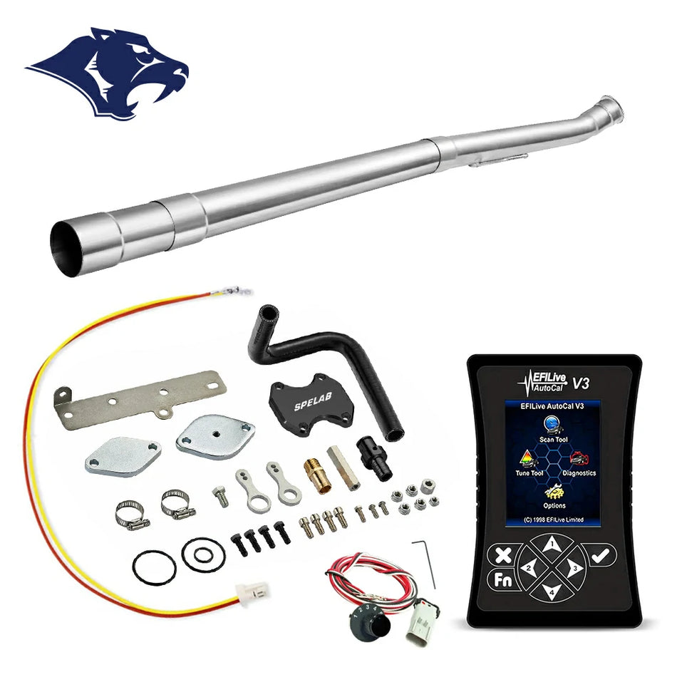 EFI Live AutoCal V3 handheld tuner beside a straight-through stainless DPF delete pipe and SPELAB EGR delete block, all-in-one emissions delete kit for 2019-2021 Dodge Ram 2500 3500 6.7L diesel