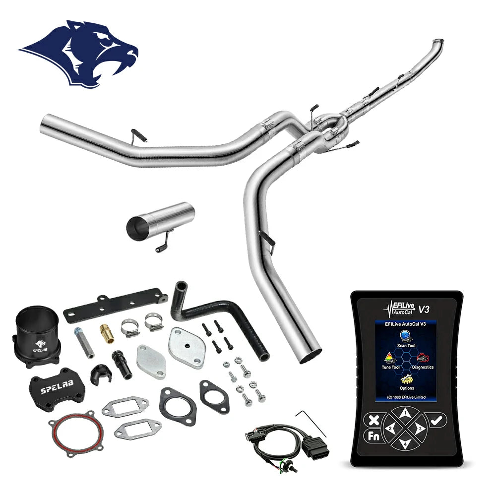 Dual mandrel-bent exhaust pipes with connector tube, billet aluminum coupler and rubber elbow hose, O2 sensor extension harness, EFI Live AutoCal V3 for 2013-2018 Dodge Ram 2500 3500 6.7L diesel
