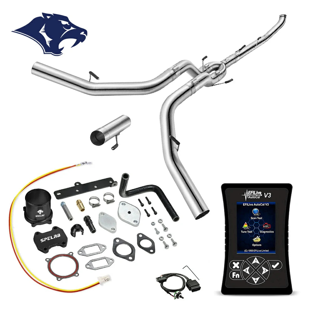 Dual mandrel-bent exhaust pipes with connector tube, billet aluminum coupler and rubber elbow hose, O2 harness and red-yellow pigtail wire, EFI Live AutoCal V3 for 2013-2018 Dodge Ram 2500 3500 6.7L diesel