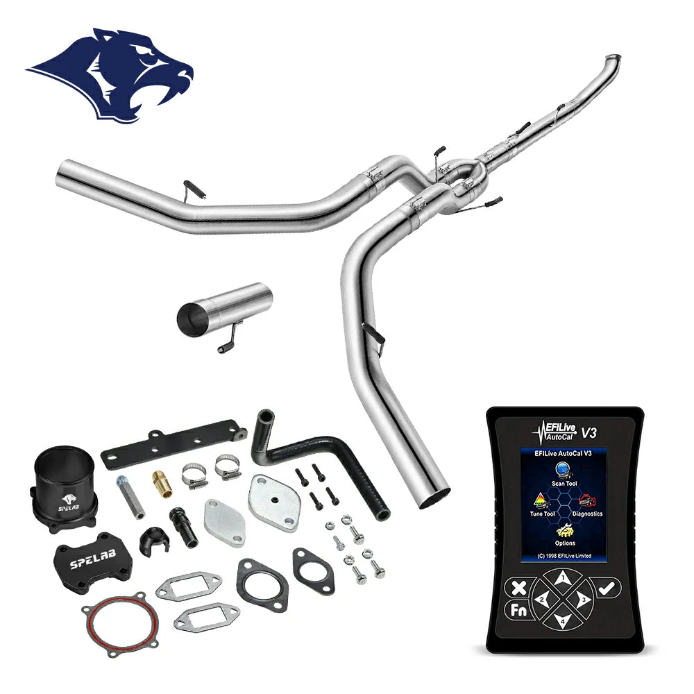 Dual mandrel-bent exhaust pipes with connector tube, billet aluminum coupler and rubber elbow hose, EFI Live AutoCal V3 for 2013-2018 Dodge Ram 2500 3500 6.7L diesel