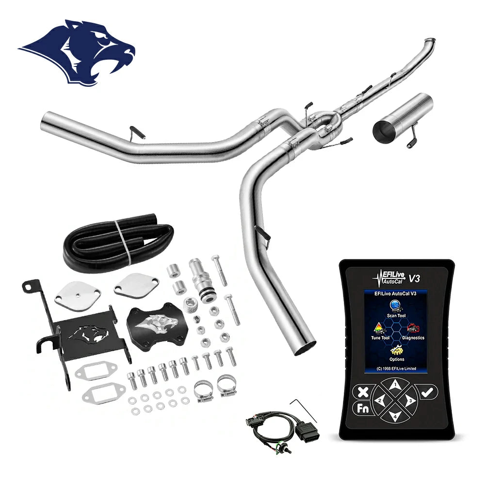 Dual mandrel-bent exhaust pipes with connector tube, billet EGR cap, ram-logo bracket and coiled hose, O2 sensor extension harness, EFI Live AutoCal V3 for 2013-2018 Dodge Ram 2500 3500 6.7L diesel