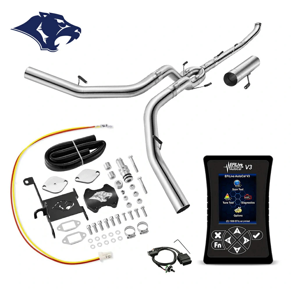 Dual mandrel-bent exhaust pipes with connector tube, billet EGR cap, bracket and coiled hose, O2 harness and red-yellow pigtail wire, EFI Live AutoCal V3 for 2013-2018 Dodge Ram 2500 3500 6.7L diesel