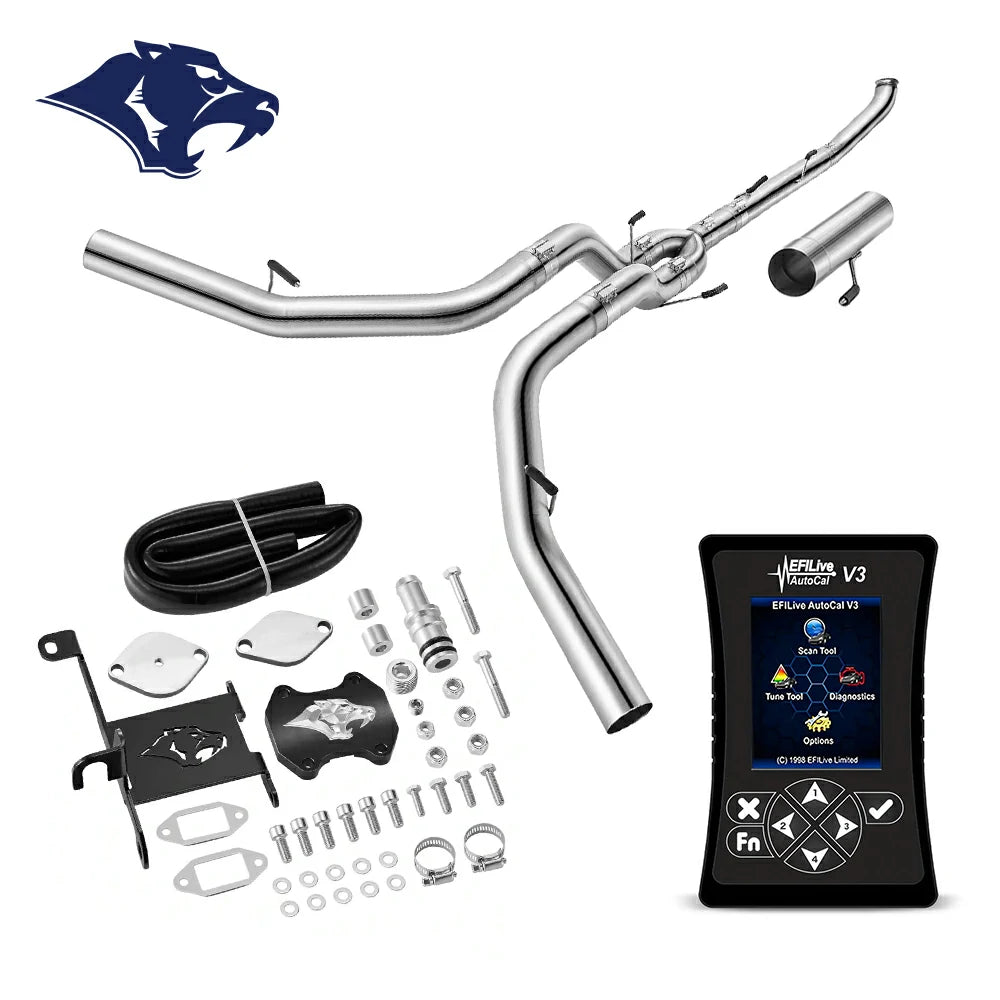 Dual mandrel-bent exhaust pipes with connector tube, billet EGR cap, ram-logo bracket and coiled hose, EFI Live AutoCal V3 for 2013-2018 Dodge Ram 2500 3500 6.7L diesel