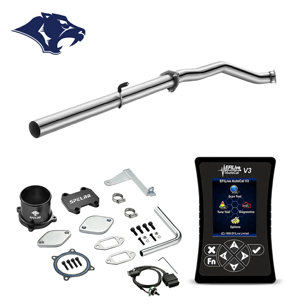 Stainless exhaust delete tube with band-clamped slip joint, EFILive AutoCal V3 tuning module and OBDII cable with sensor connector for 2007.5-2009 Dodge Ram 2500 3500 6.7L diesel