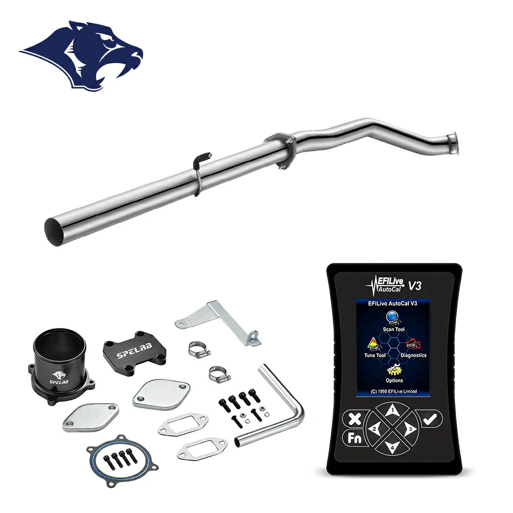 Straight stainless DPF delete pipe with coupler collar and hanger spring, EFILive AutoCal V3 handheld plus EGR delete plates and gaskets for 2007.5-2009 Dodge Ram 2500 3500 6.7L diesel