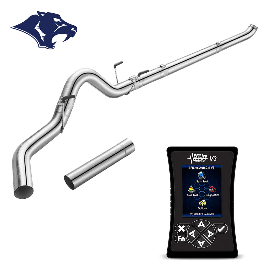 EFI Live AutoCal V3 tuning device with a mandrel-bent stainless steel DPF delete pipe and spring-loaded clamps, plus a straight connector tube, for 2006-2007 Dodge Ram 2500 3500 5.9L Cummins diesel