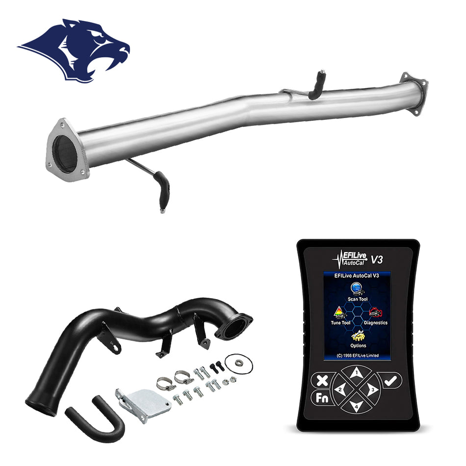 Stainless DPF delete front pipe with two O2 sensor pigtails, black coated DPF pipe with brackets, EGR hardware, and EFI Live AutoCal V3 tuner for 2007.5-2010 Chevy Duramax 6.6L LMM