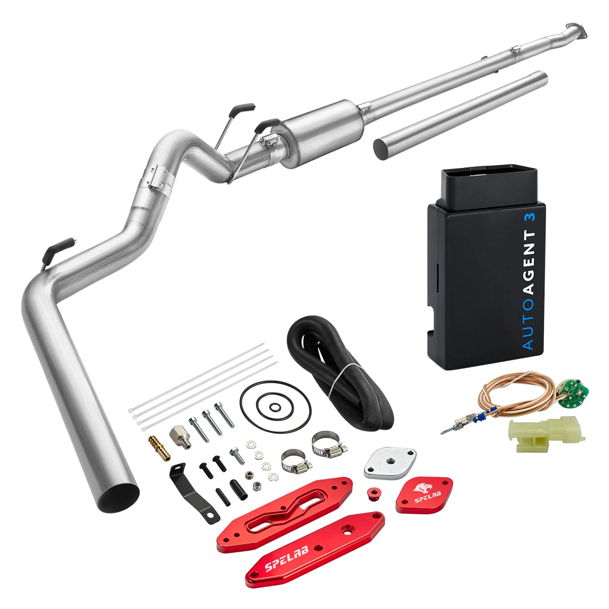Stainless DPF/EGR delete pipe and EZ LYNK AutoAgent 3 tuner for 2011-2019 Ford 6.7L Powerstroke, red billet delete plates with a copper-wire EGR sensor simulator and beige plug connector