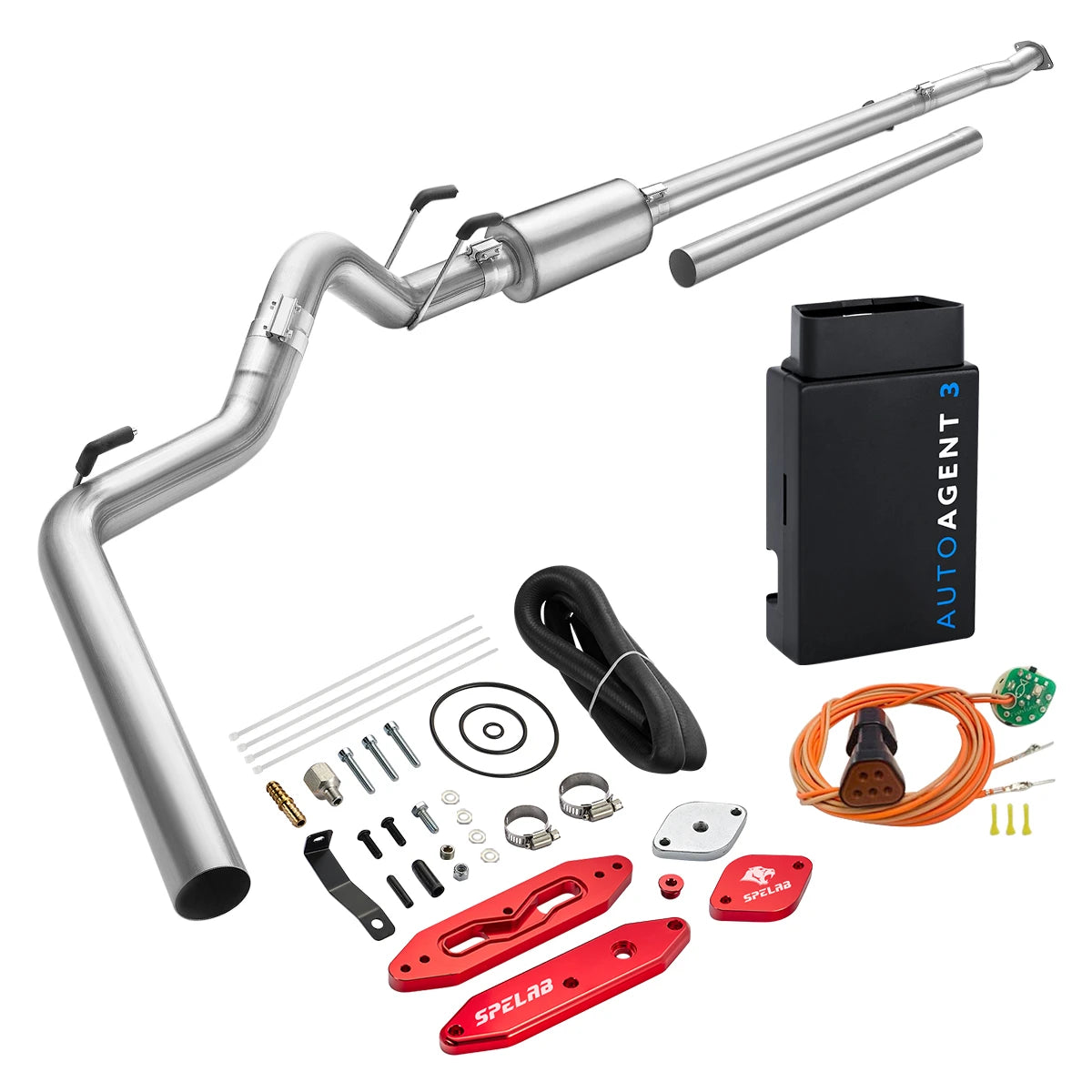 Stainless DPF/EGR delete pipe with EZ LYNK AutoAgent 3 tuner for 2011-2019 Ford 6.7L Powerstroke, red billet delete plates plus an orange sensor simulator harness with amber plug and green board