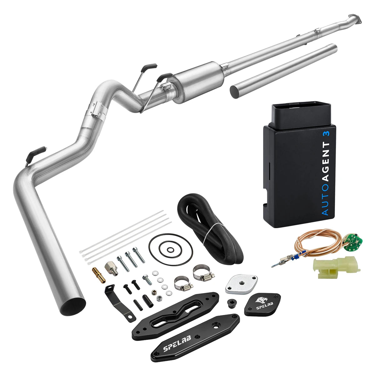 Stainless DPF/EGR delete pipe and EZ LYNK AutoAgent 3 tuner for 2011-2019 Ford 6.7L Powerstroke, black anodized billet delete plates with a copper-wire EGR sensor simulator and beige plug connector
