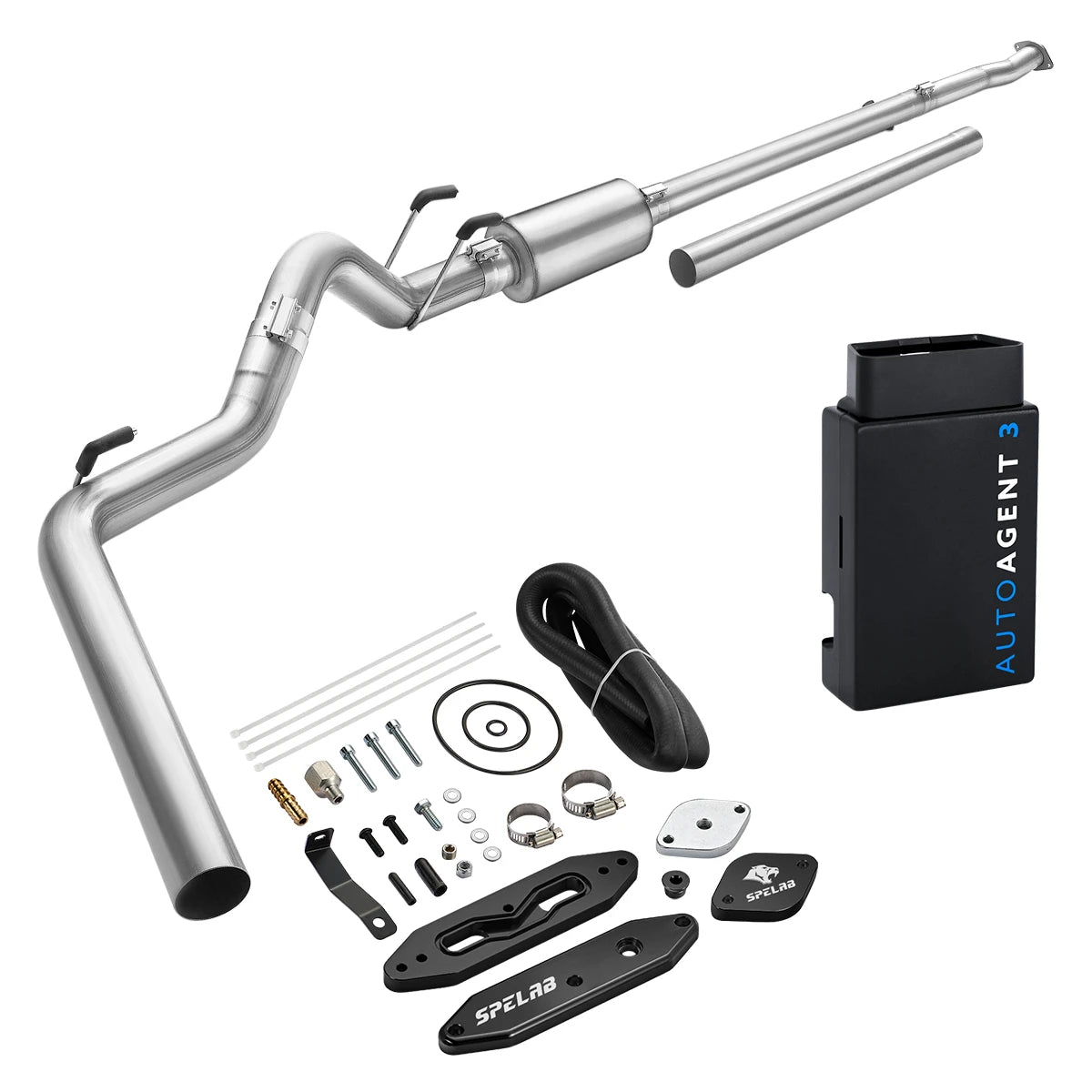 Mandrel-bent stainless DPF/EGR delete pipe with EZ LYNK AutoAgent 3 tuner for 2011-2019 Ford 6.7L Powerstroke, black anodized billet EGR and O2 delete plates, gaskets, clamps, bolts and hardware