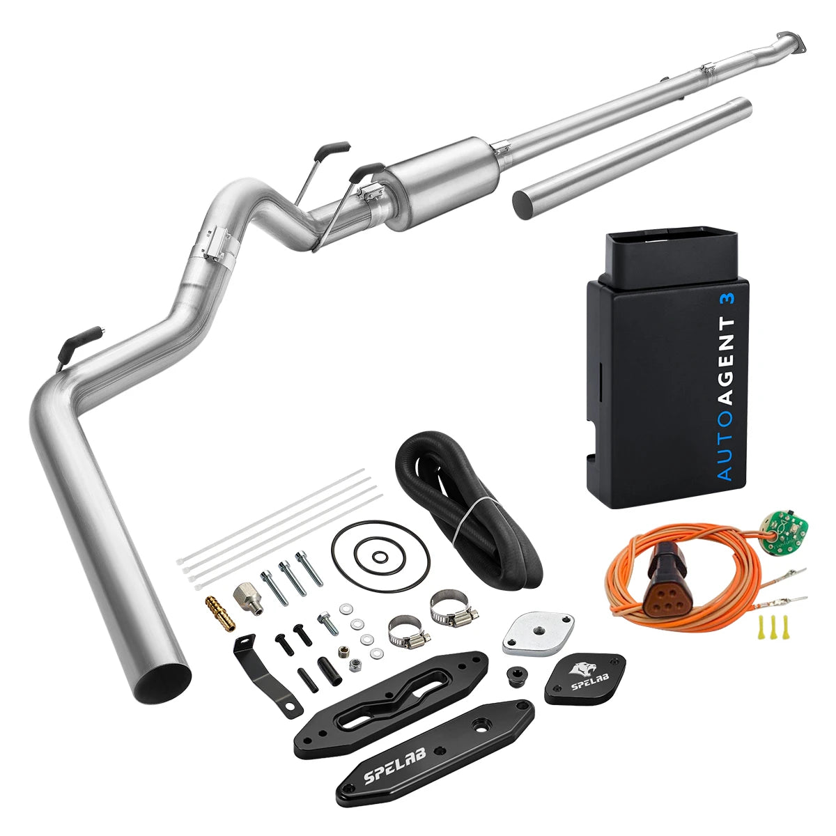Stainless DPF/EGR delete pipe with EZ LYNK AutoAgent 3 tuner for 2011-2019 Ford 6.7L Powerstroke, black billet delete plates plus an orange sensor simulator harness with amber plug and green board