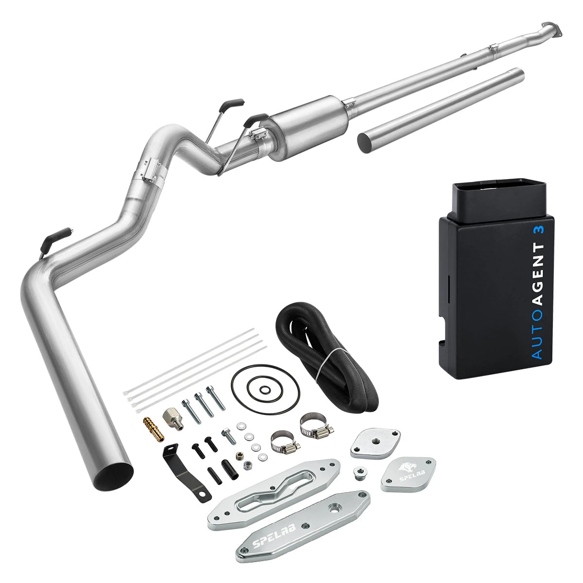 Mandrel-bent stainless DPF/EGR delete pipe with EZ LYNK AutoAgent 3 tuner for 2011-2019 Ford 6.7L Powerstroke, raw silver billet EGR and O2 delete plates, gaskets, clamps, bolts and hardware