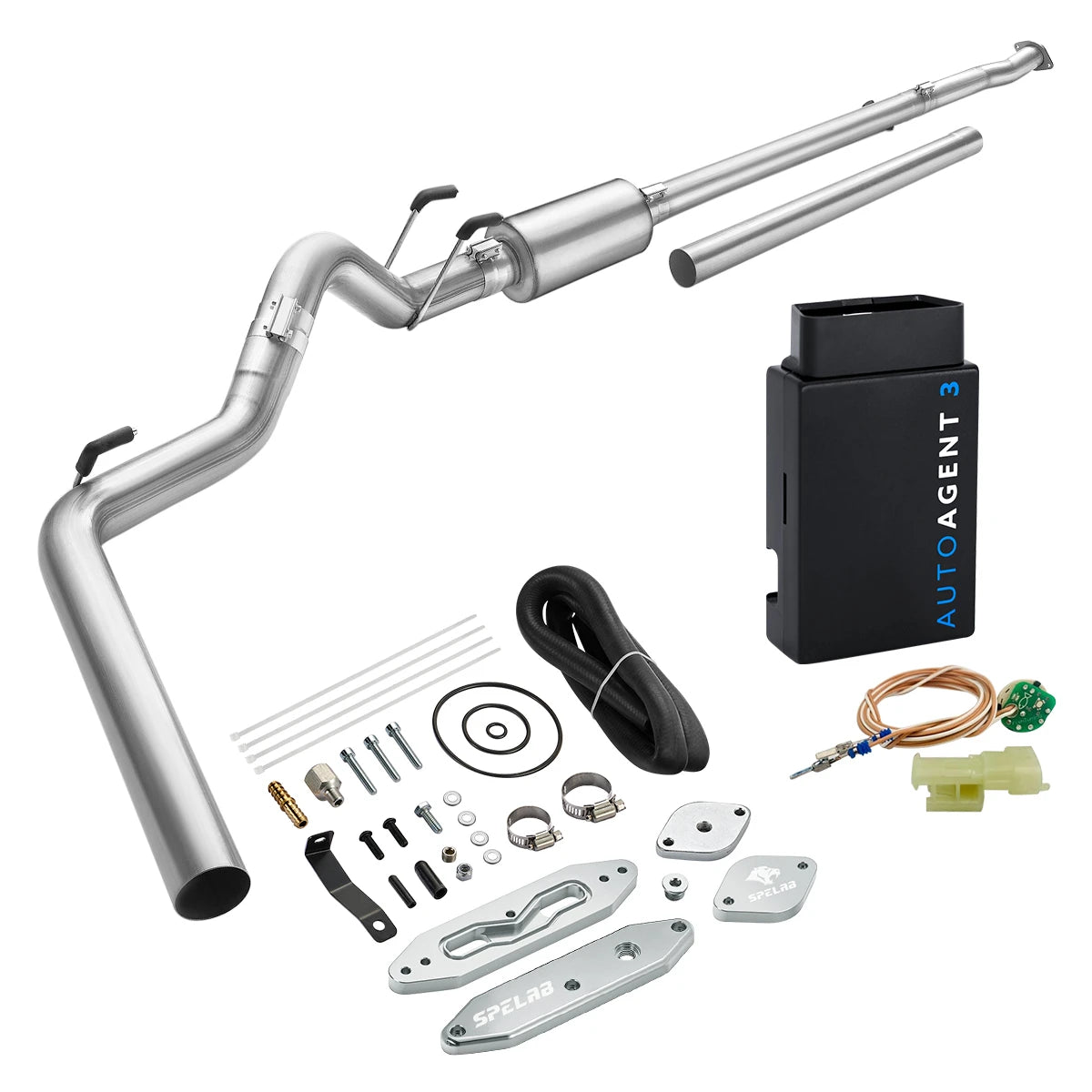 Stainless DPF/EGR delete pipe and EZ LYNK AutoAgent 3 tuner for 2011-2019 Ford 6.7L Powerstroke, raw silver billet delete plates with a copper-wire EGR sensor simulator and beige plug connector