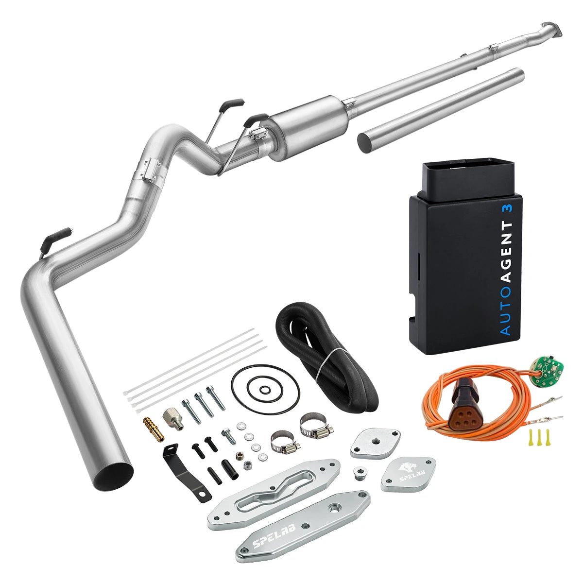 Stainless DPF/EGR delete pipe with EZ LYNK AutoAgent 3 tuner for 2011-2019 Ford 6.7L Powerstroke, raw silver billet delete plates plus an orange sensor simulator harness with amber plug and green board