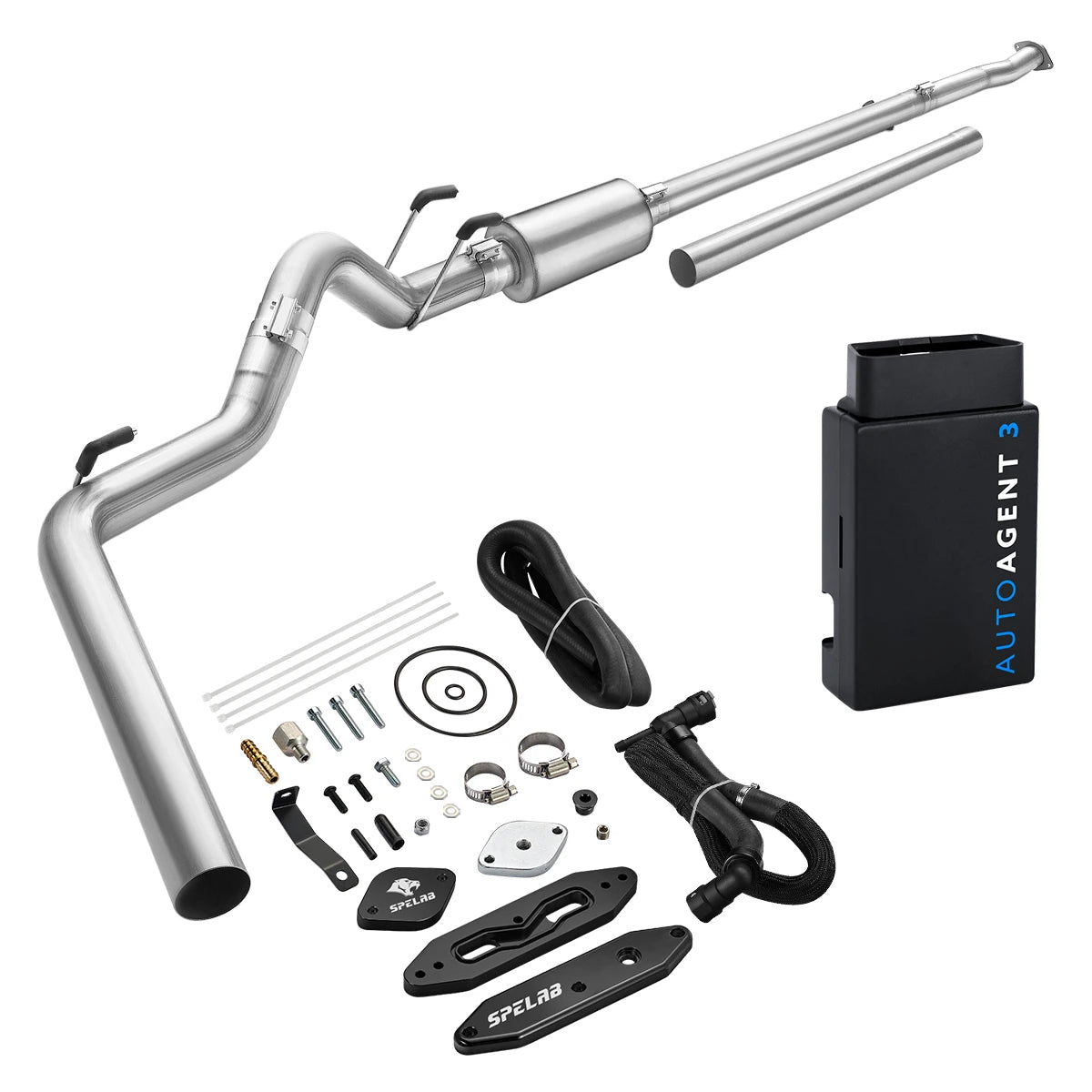 Stainless DPF/EGR delete pipe and EZ LYNK AutoAgent 3 tuner for 2011-2019 Ford 6.7L Powerstroke, black anodized billet delete plates with a black braided-sleeve coolant return hose and hardware