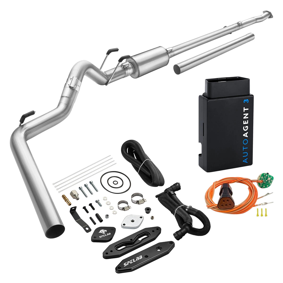 Stainless DPF/EGR delete pipe with EZ LYNK AutoAgent 3 tuner for 2011-2019 Ford 6.7L Powerstroke, black billet delete plates, black braided coolant hose and an orange sensor simulator harness with amber plug