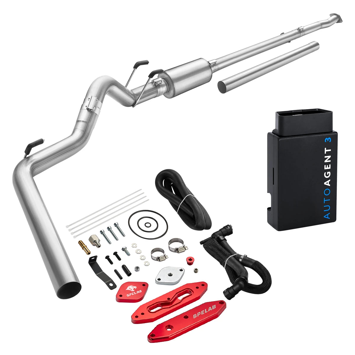 Stainless DPF/EGR delete pipe and EZ LYNK AutoAgent 3 tuner for 2011-2019 Ford 6.7L Powerstroke, red anodized billet delete plates with a black braided-sleeve coolant return hose and mounting hardware