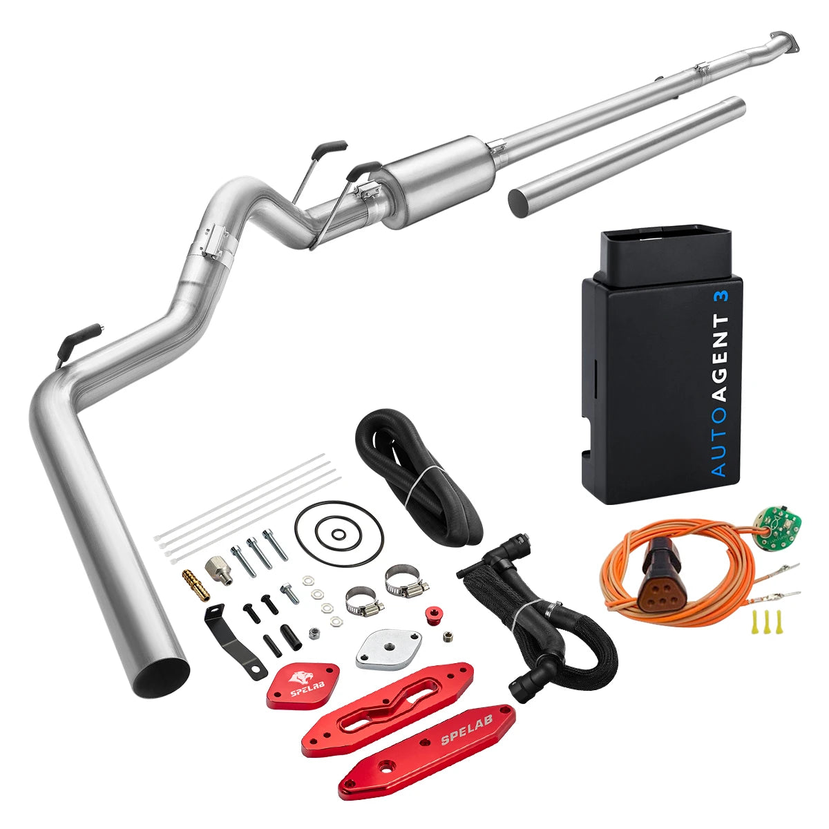Stainless DPF/EGR delete pipe with EZ LYNK AutoAgent 3 tuner for 2011-2019 Ford 6.7L Powerstroke, red billet delete plates, black braided coolant hose and an orange sensor simulator harness with amber plug