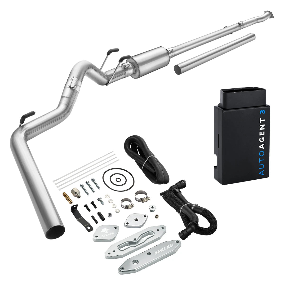 Stainless DPF/EGR delete pipe and EZ LYNK AutoAgent 3 tuner for 2011-2019 Ford 6.7L Powerstroke, raw silver billet delete plates with a black braided-sleeve coolant return hose and mounting hardware
