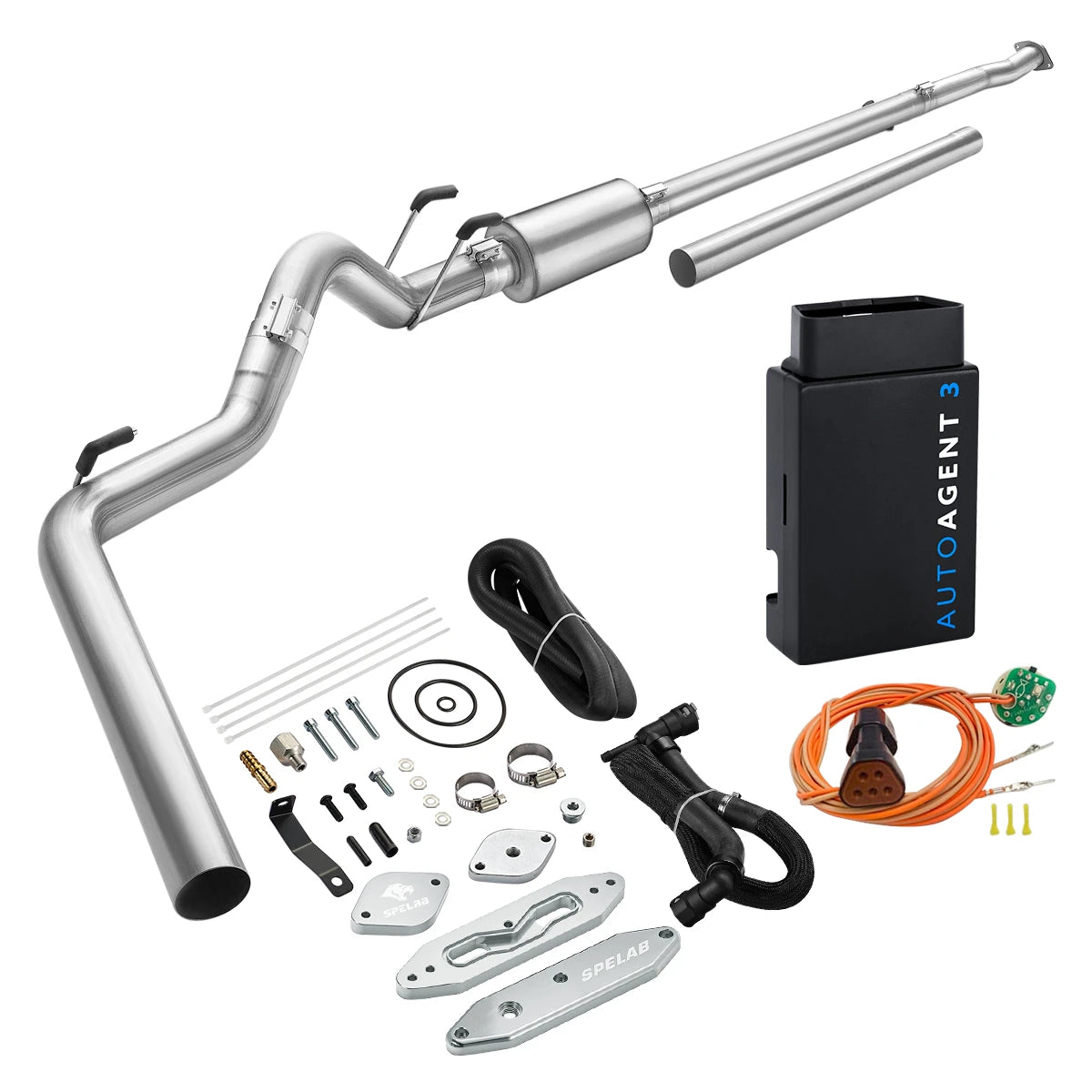 Stainless DPF/EGR delete pipe with EZ LYNK AutoAgent 3 tuner for 2011-2019 Ford 6.7L Powerstroke, raw silver billet delete plates, black braided coolant hose and an orange sensor simulator harness with amber plug