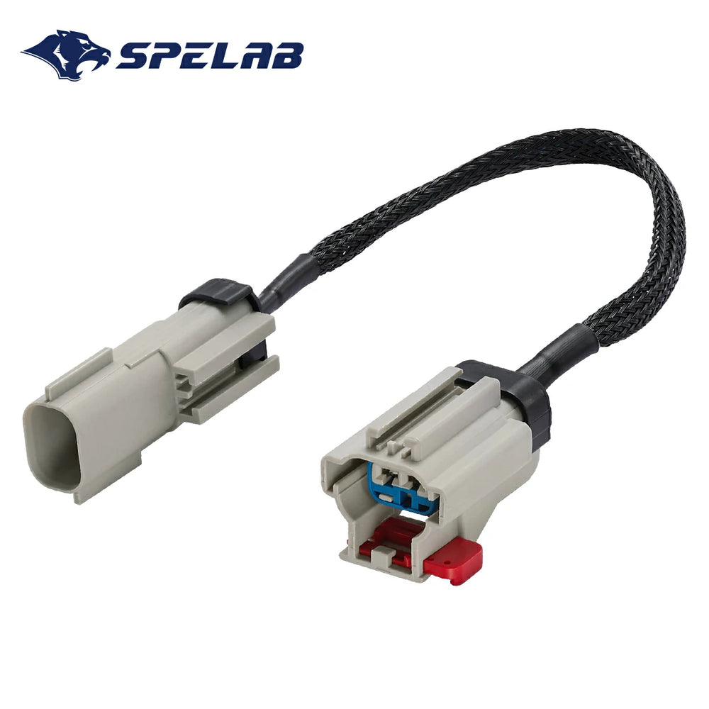 Intake air temperature sensor extension harness for 2007.5-2024 Dodge Ram 6.7L Cummins diesel, with two gray OE-style connector plugs, a red locking lever, and black braided high-temperature sleeved wire.