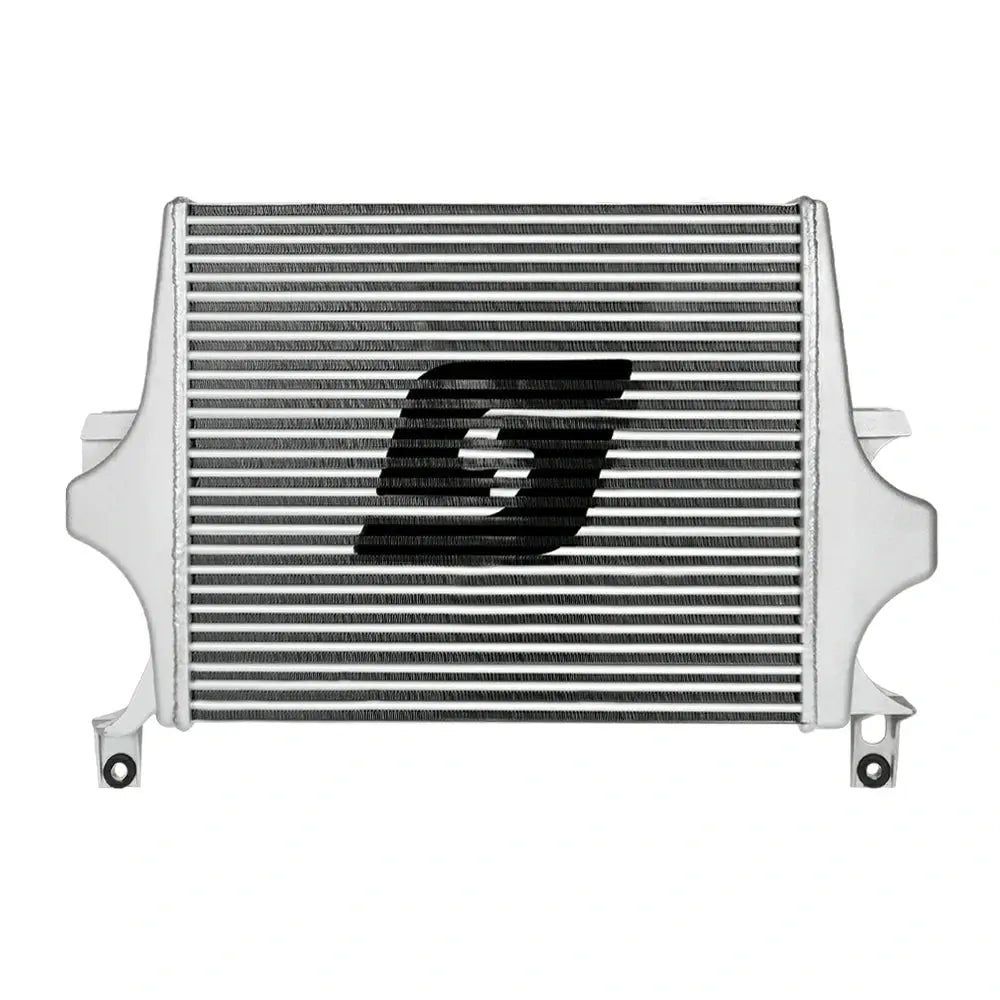 Front view of a polished aluminum tube-fin intercooler with cast end tanks for a 2003-2007 Ford 6.0L Powerstroke