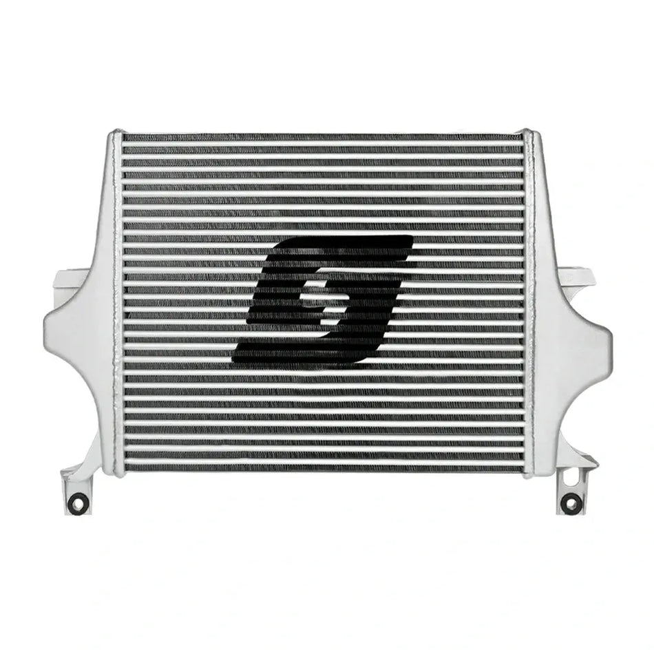 Front view of a polished aluminum tube-fin intercooler with cast end tanks for a 2003-2007 Ford 6.0L Powerstroke