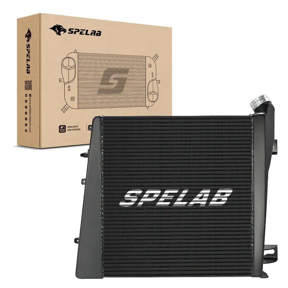 SPELAB black bar-and-plate intercooler for 2008-2010 Ford 6.4L Powerstroke F250 F350, shown with its retail box