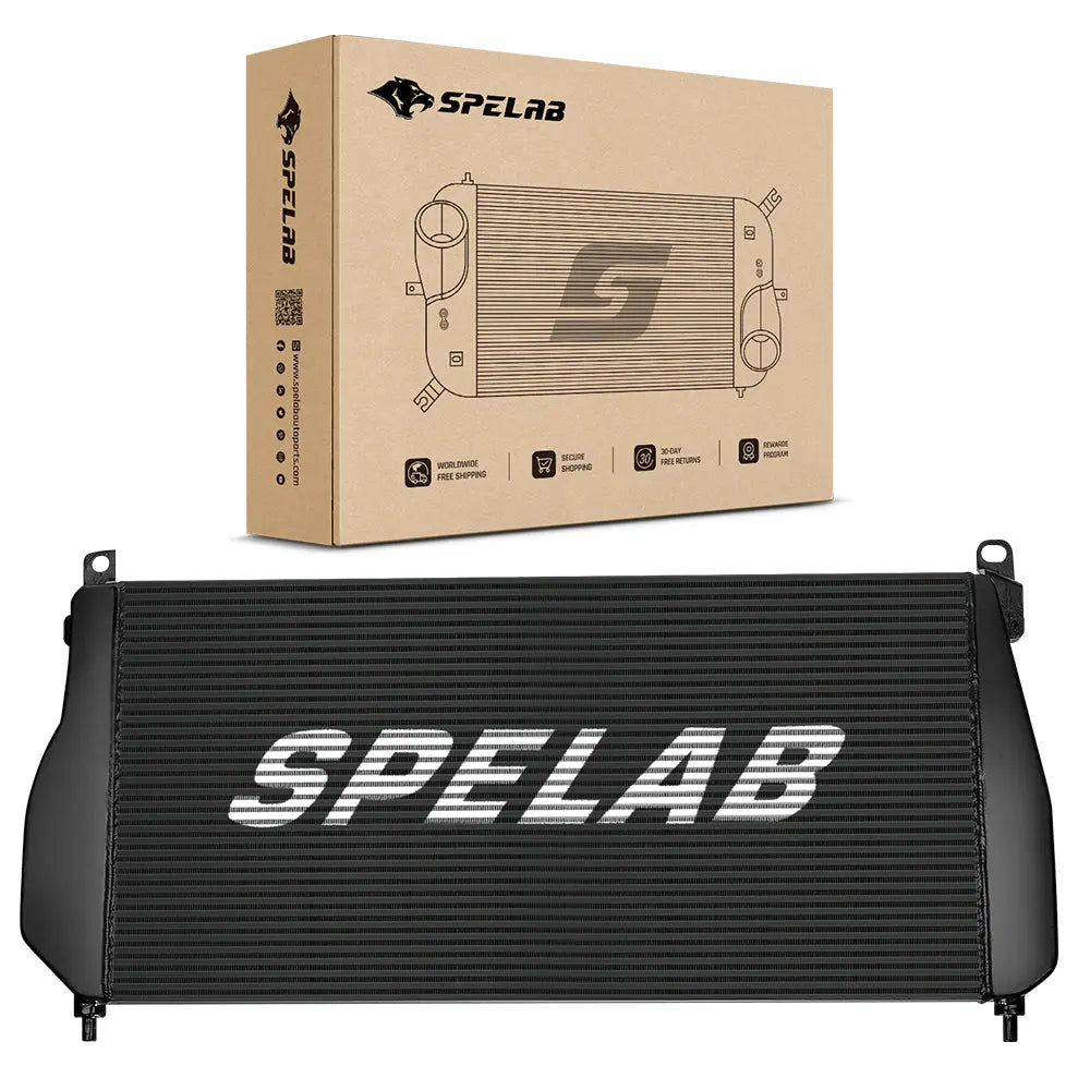 SPELAB black bar-and-plate intercooler for 2001-2005 Chevy GMC Sierra 2500HD 3500HD 6.6L Duramax LB7 LLY, shown with its retail box