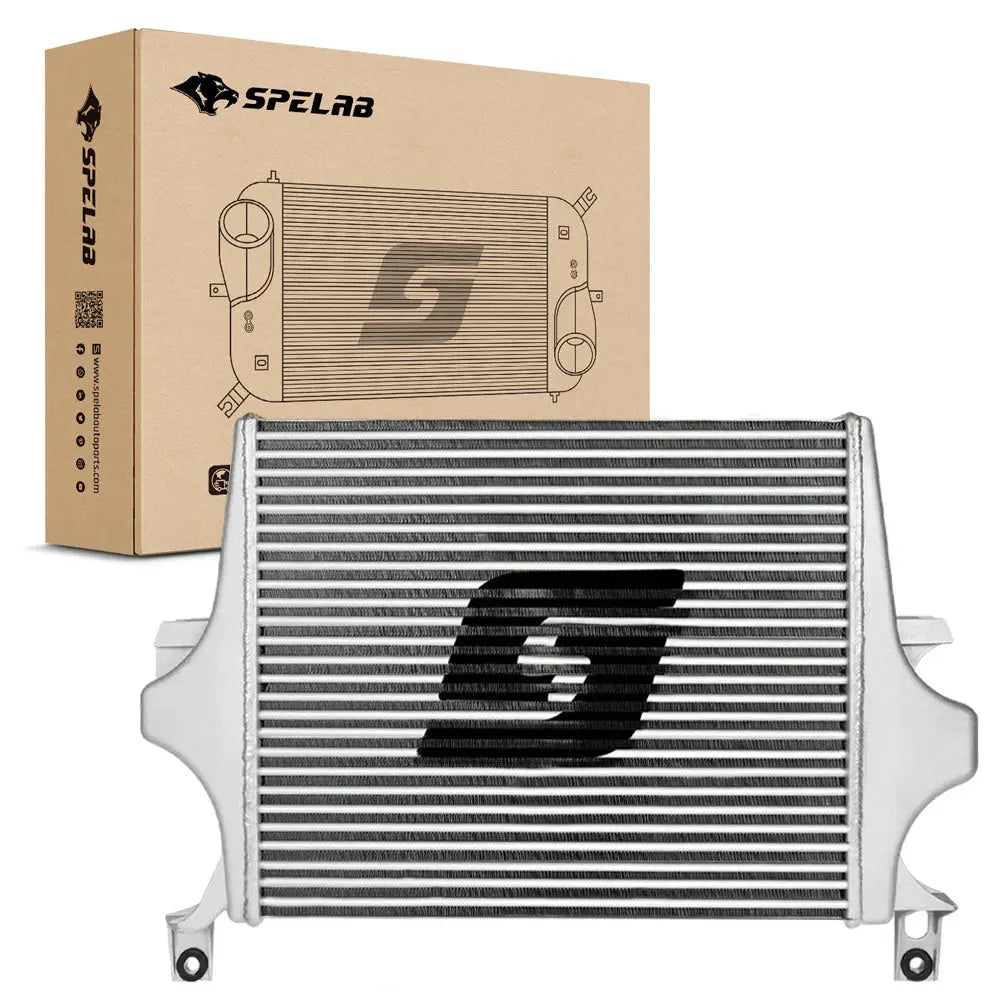 SPELAB all-aluminum tube-fin intercooler for 2003-2007 Ford F-250 F-350 F-450 F-550 6.0L Powerstroke, shown with its retail box