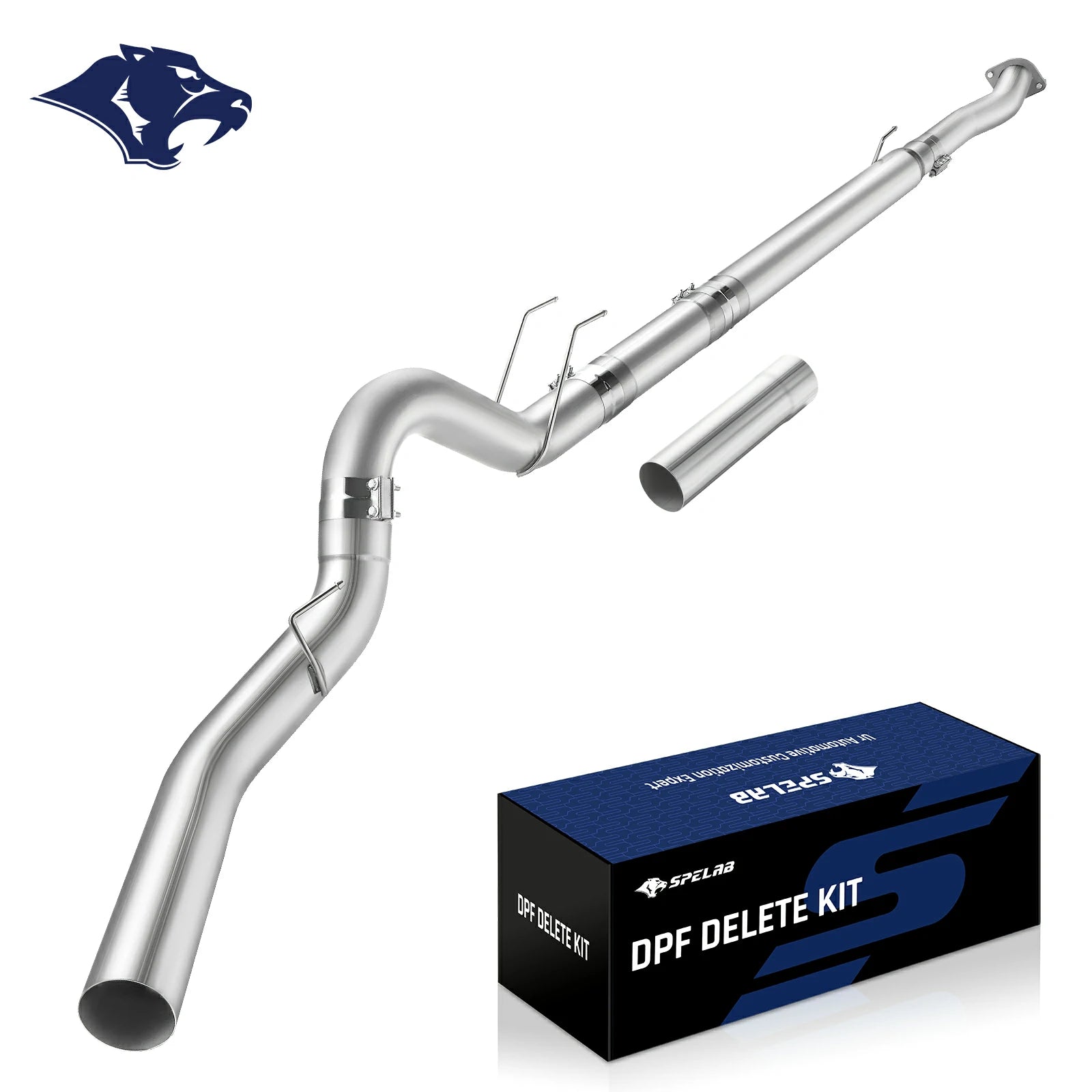 Mandrel-bent stainless delete pipe with flanged inlet, rod hangers and a separate straight extension spool, for the 2011-2024 Ford 6.7L Powerstroke diesel.