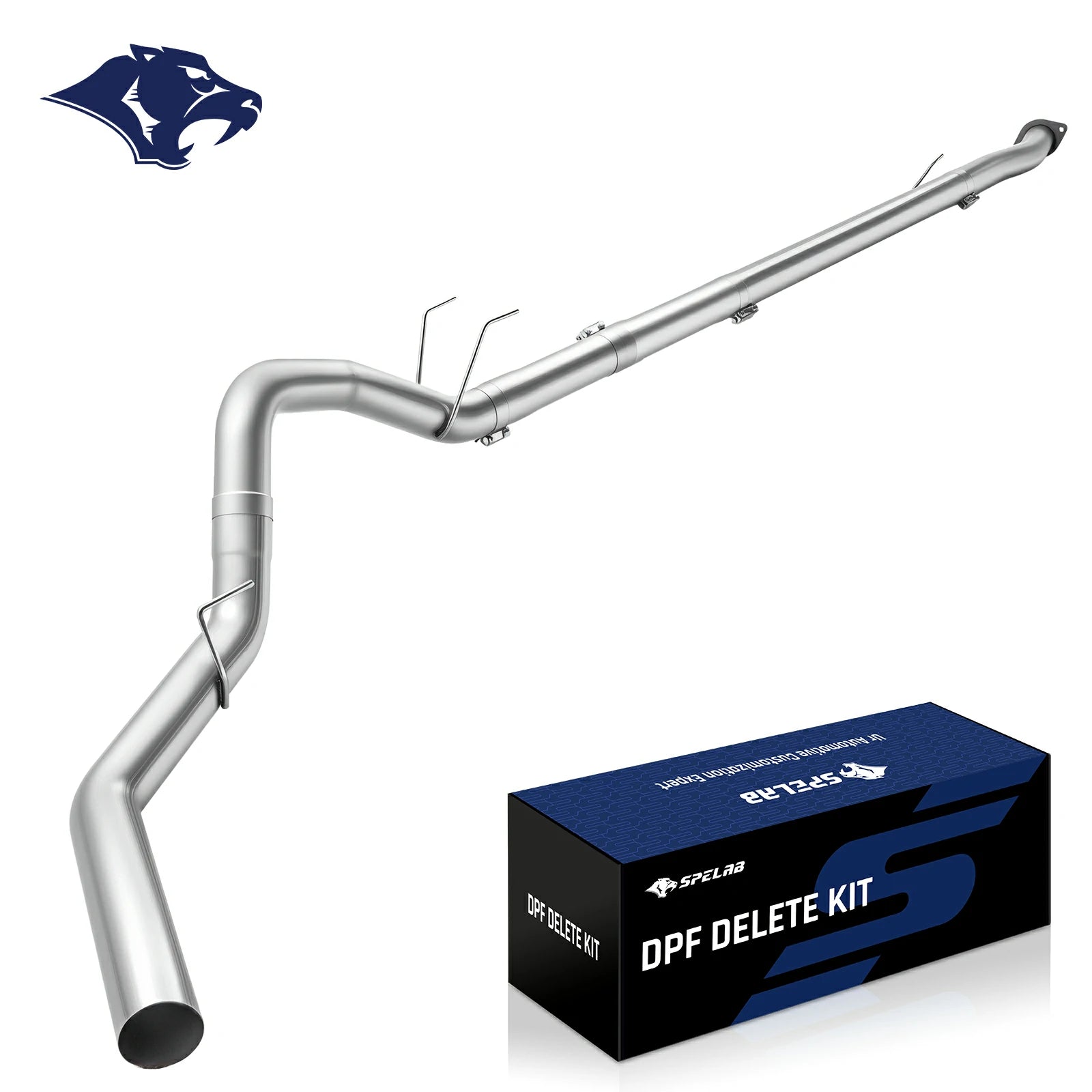 Long mandrel-bent stainless DPF delete pipe with a bolt-on flange, twin rod hangers and mid band clamps, for the 2011-2024 Ford 6.7L Powerstroke diesel.
