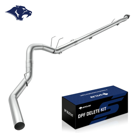 Long mandrel-bent stainless DPF delete pipe with a bolt-on flange, twin rod hangers and mid band clamps, for the 2011-2024 Ford 6.7L Powerstroke diesel.