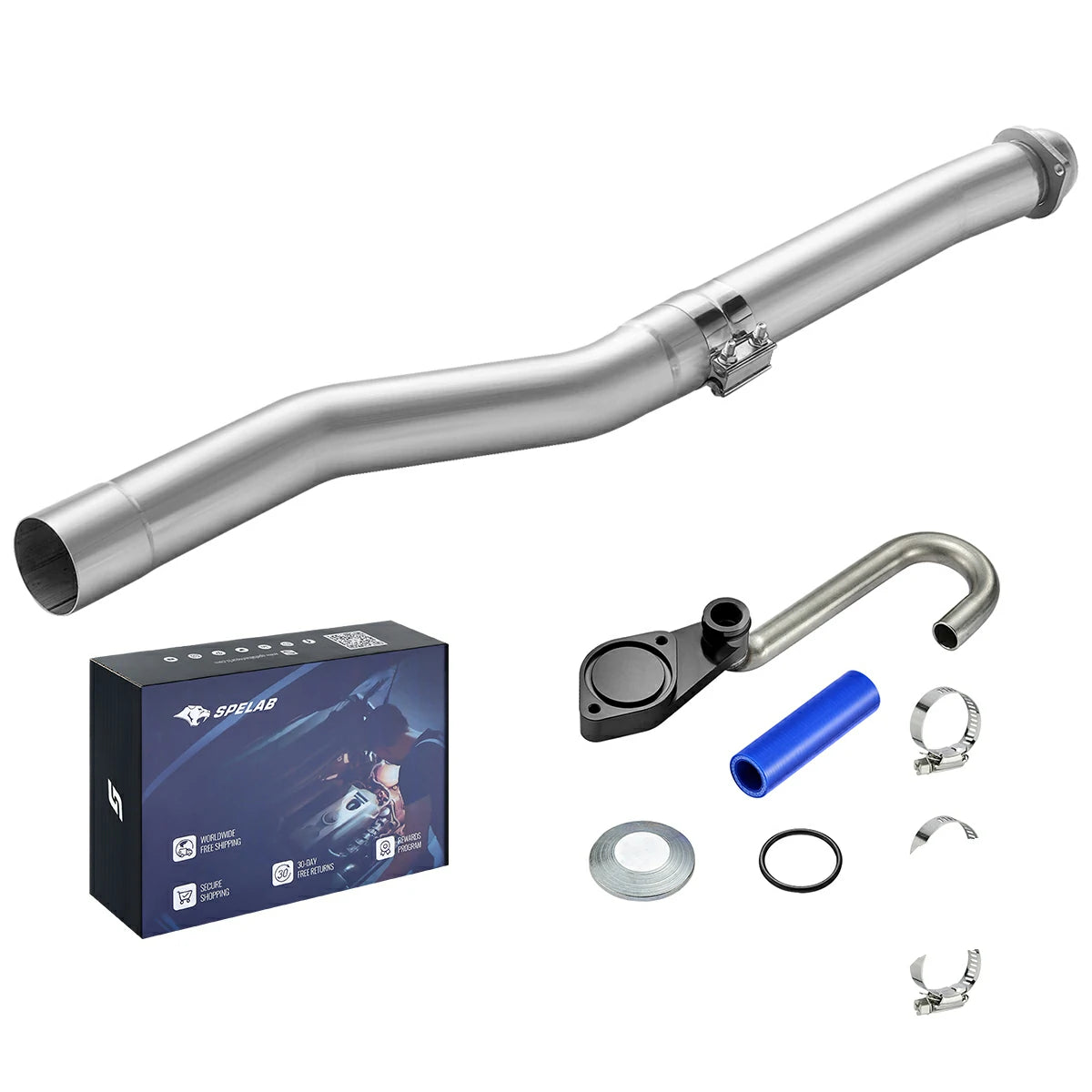 Stainless DPF delete pipe with black billet EGR delete plate, U-bend tube, blue silicone hose and T-bolt clamps for 2003-2007 Ford F-250 F-350 6.0L Powerstroke