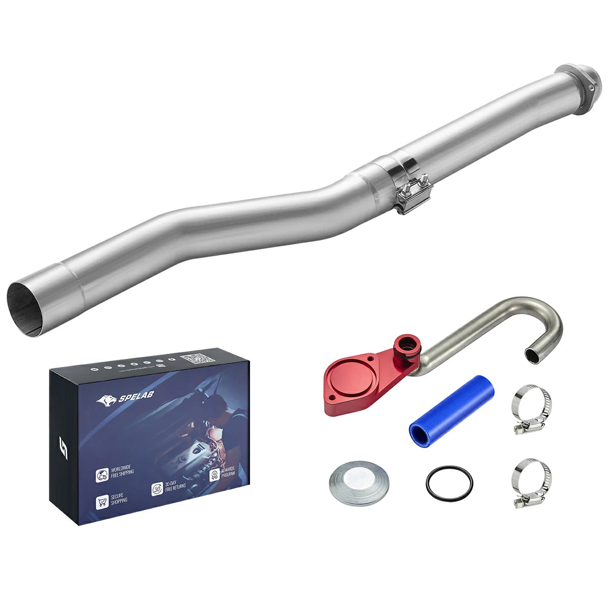 Red anodized billet EGR delete plate with stainless U-bend tube, blue silicone coupler, clamps and polished DPF delete pipe for 2003-2007 Ford F-250 F-350 6.0L Powerstroke