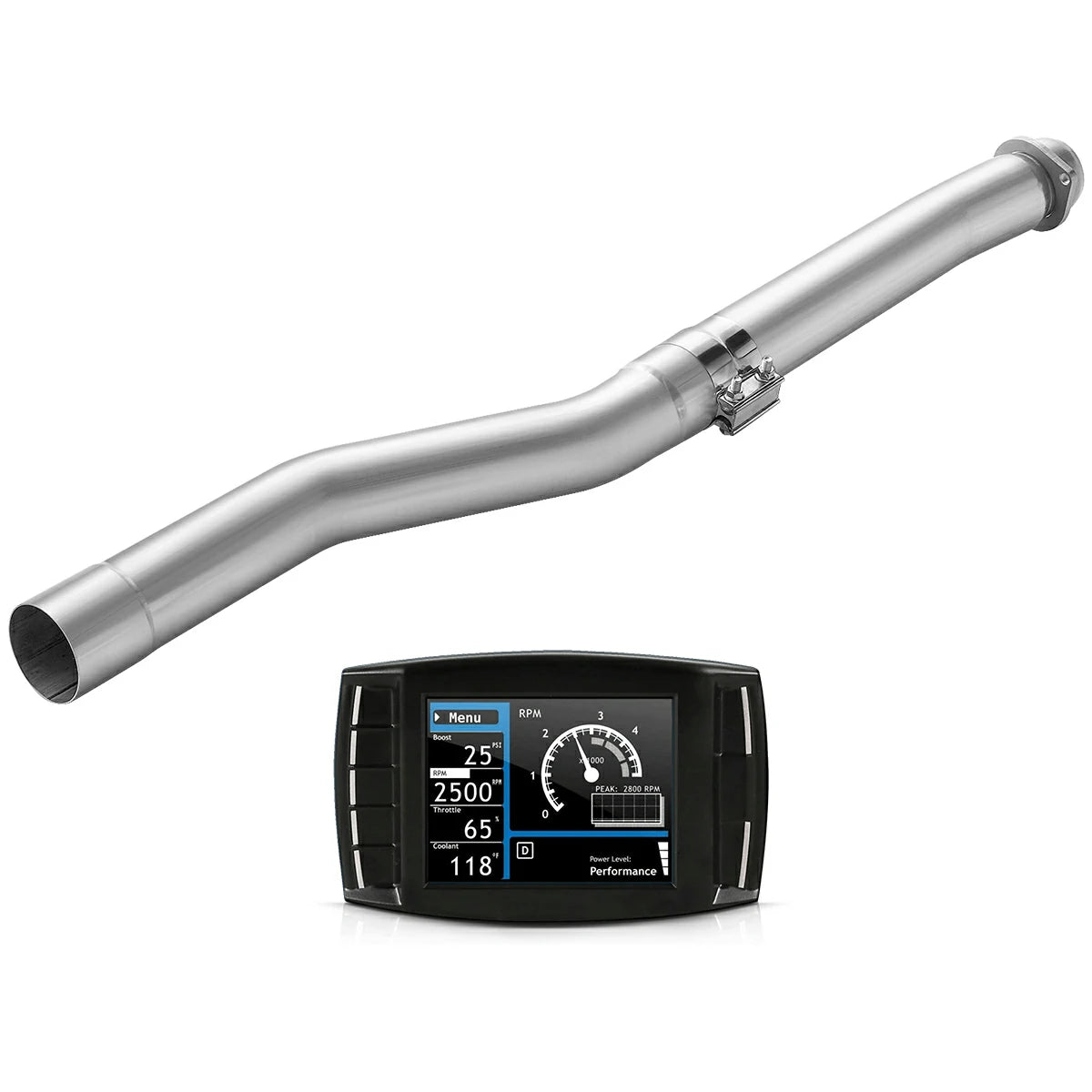 Color-screen diesel performance tuner and polished stainless DPF delete resonated pipe for 2003-2007 Ford F-250 F-350 6.0L Powerstroke