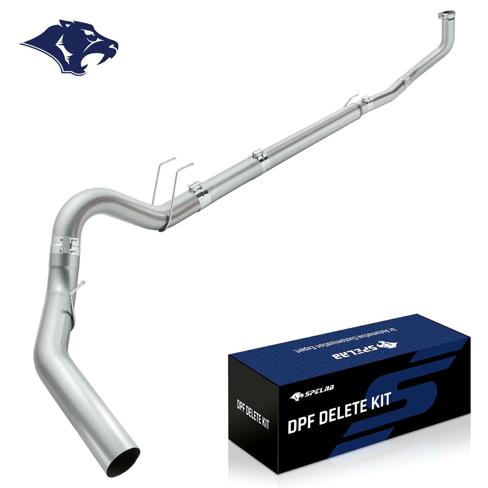 S-curved stainless delete pipe with a flanged inlet, spring hanger tabs and coupling clamps, for the 2011-2024 Ford F-250/F-350 6.7L Powerstroke.