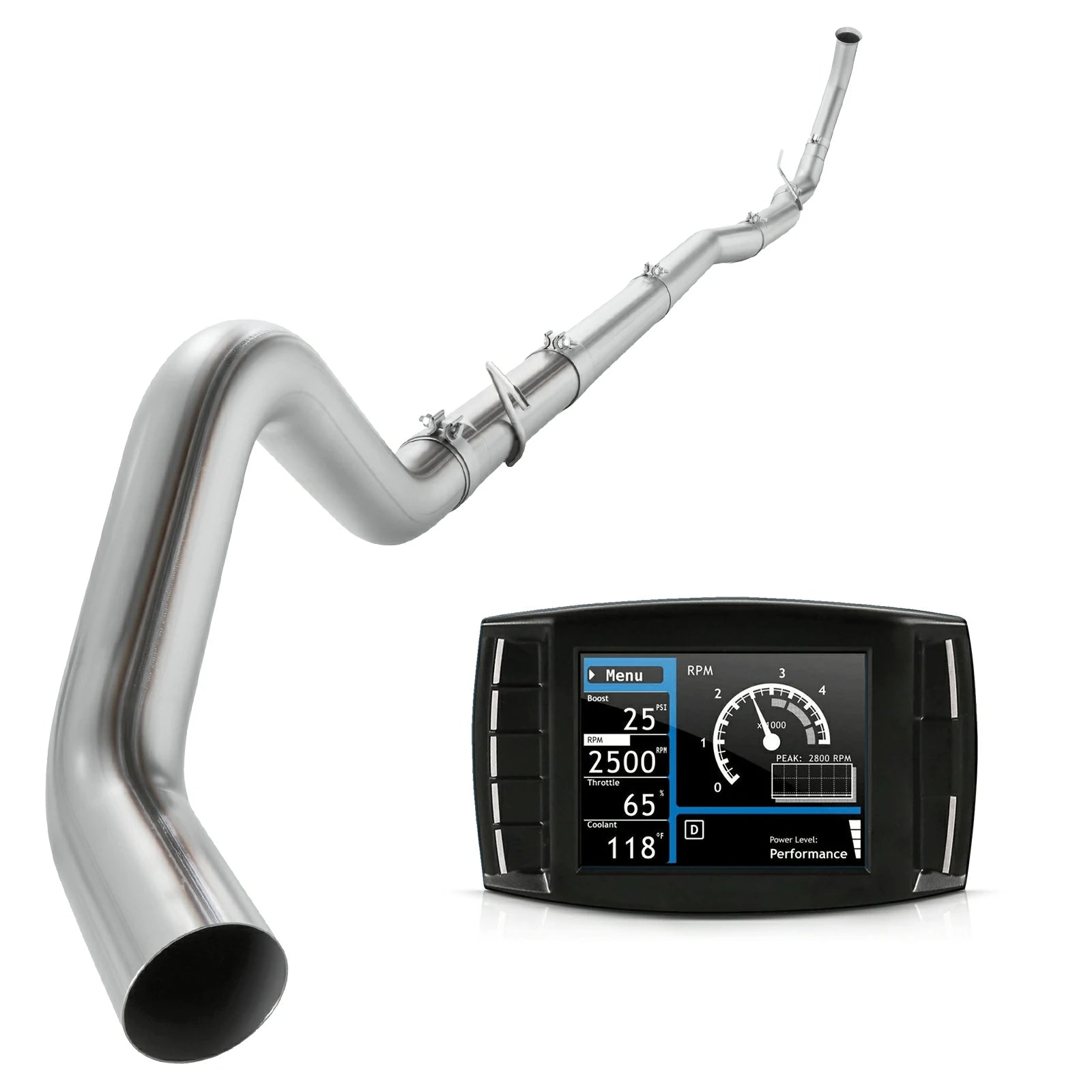 4-inch polished stainless turbo-back exhaust tubing with hangers and band clamps plus color-screen diesel tuner for 2003-2007 Ford F-250 F-350 6.0L Powerstroke